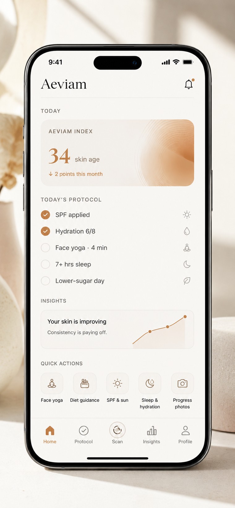 The Aeviam app: your skin age, today's protocol and progress